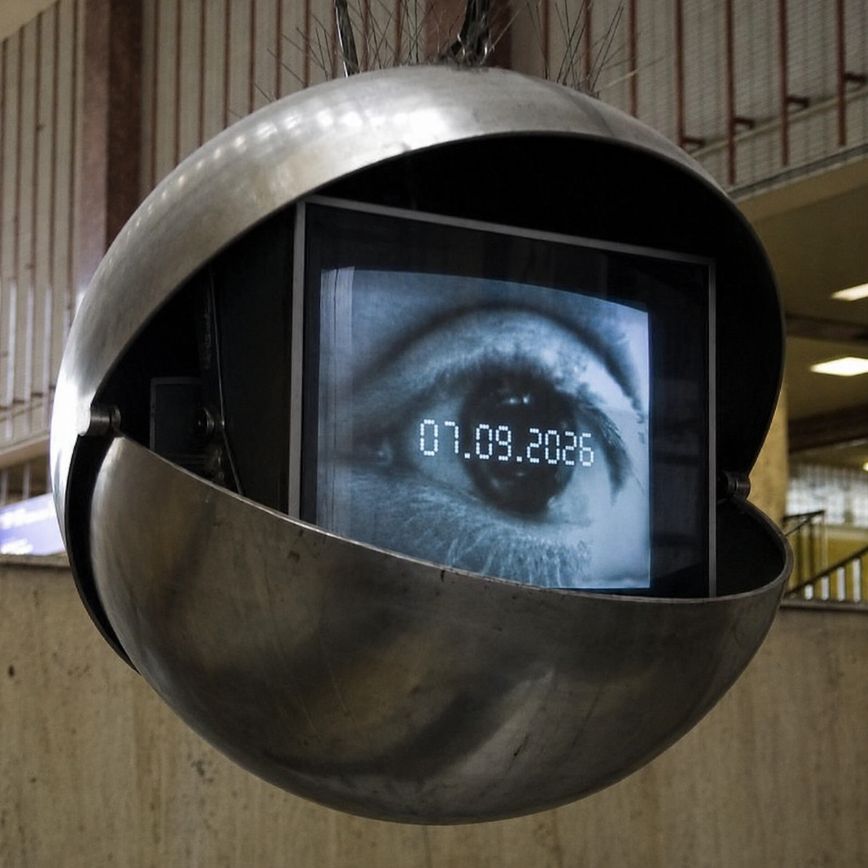 Esfera de cromo retro-futurista con una pantalla que muestra un ojo y una fecha digital